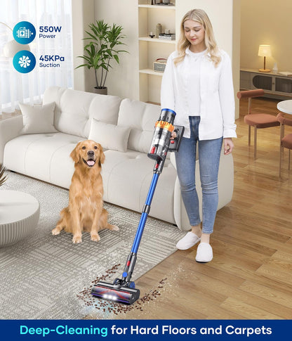 Powerful Cordless Vacuum Cleaner - 550W, 45Kpa Suction, Touch Screen, 65 Min Runtime, Anti-Tangle, Perfect for Pet Hair on Carpets & Hardwood Floors!